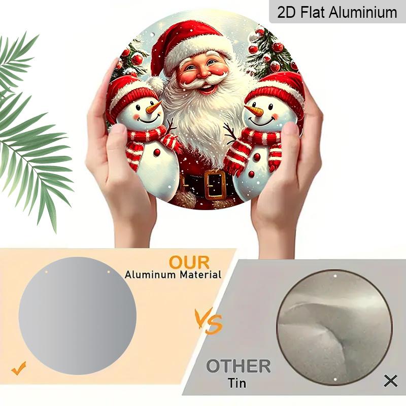 2D Flat 1pc Round Aluminum Hanging Sign, Vintage Santa Claus Two Snowmen Christmas Tree Metal Wall Decor, Xmas Winter Farmhouse Front Door Porch