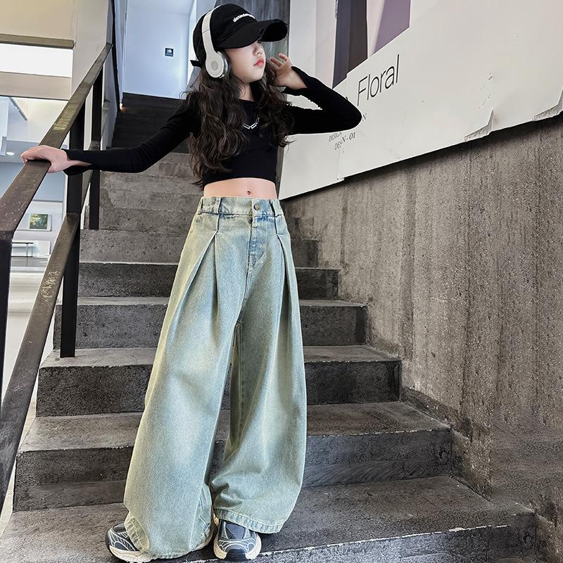 Kids Girls Jeans Spring Autumn Junior Children Westernized Street Wide Leg Pants Korean Versatile Long Trousers Clothes