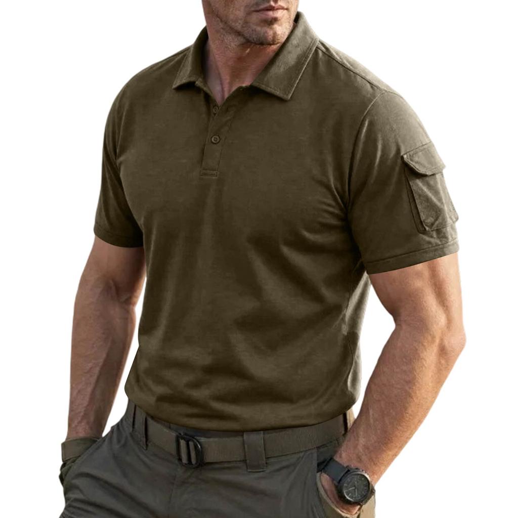 Men's Tactical Polo Shirt Short Sleeve Military Style Casual Shirt with Button Collar and Sleeve Pocket for Outdoor Work