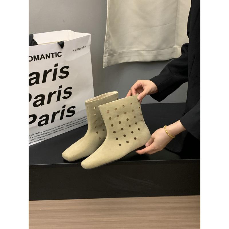 Sheepskin version~ Design sense net boots leather wide tube hole western boots women's retro hollow breathable Maillard cool boots