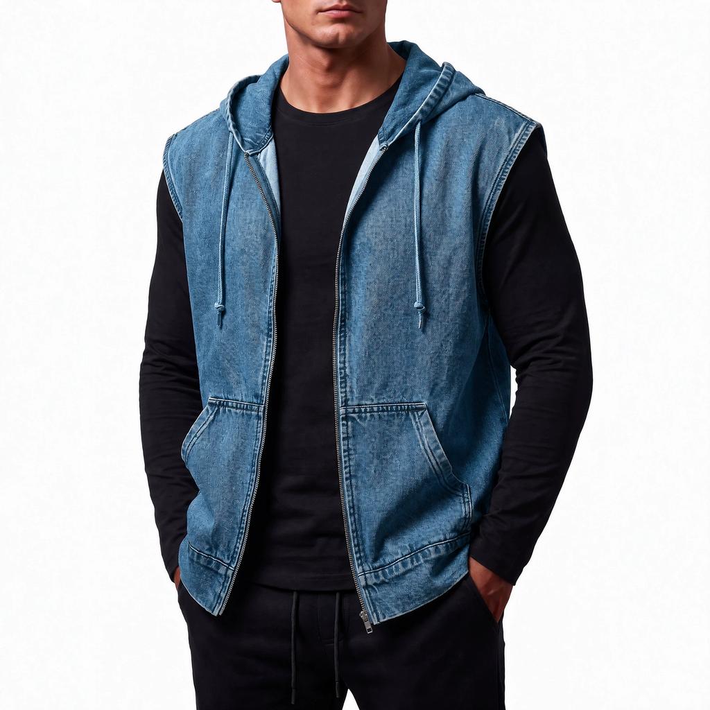 Men's Casual Full Zip Hooded Denim Vest Jacket, Sleeveless Jean Outerwear for Everyday Wear