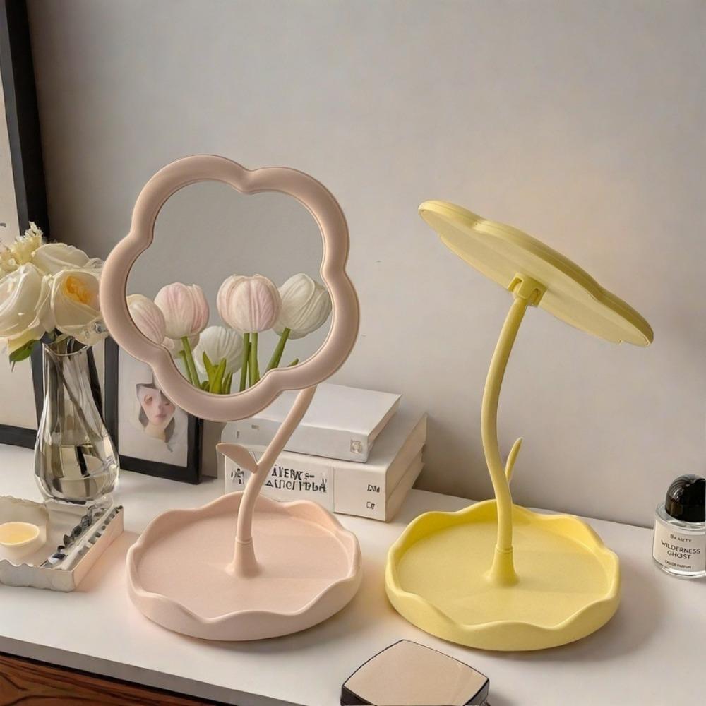1 Charming Sunflower Makeup Mirror with Storage Tray, 360 ° Rotation, Adjustable, Dormitory and Bedroom Decoration
