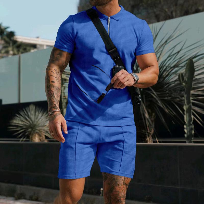 Men's Casual European & American Waffle Texture Shorts and T-Shirt Set - Solid Color, Short-Sleeved, Loose Lapel Design for Summer
