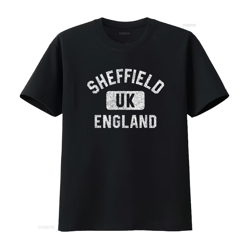 Mens Sheffield England UK Gym Style Distressed White Print T Shirt Black vintage Washed Comfortable Soft fashion Slightly
