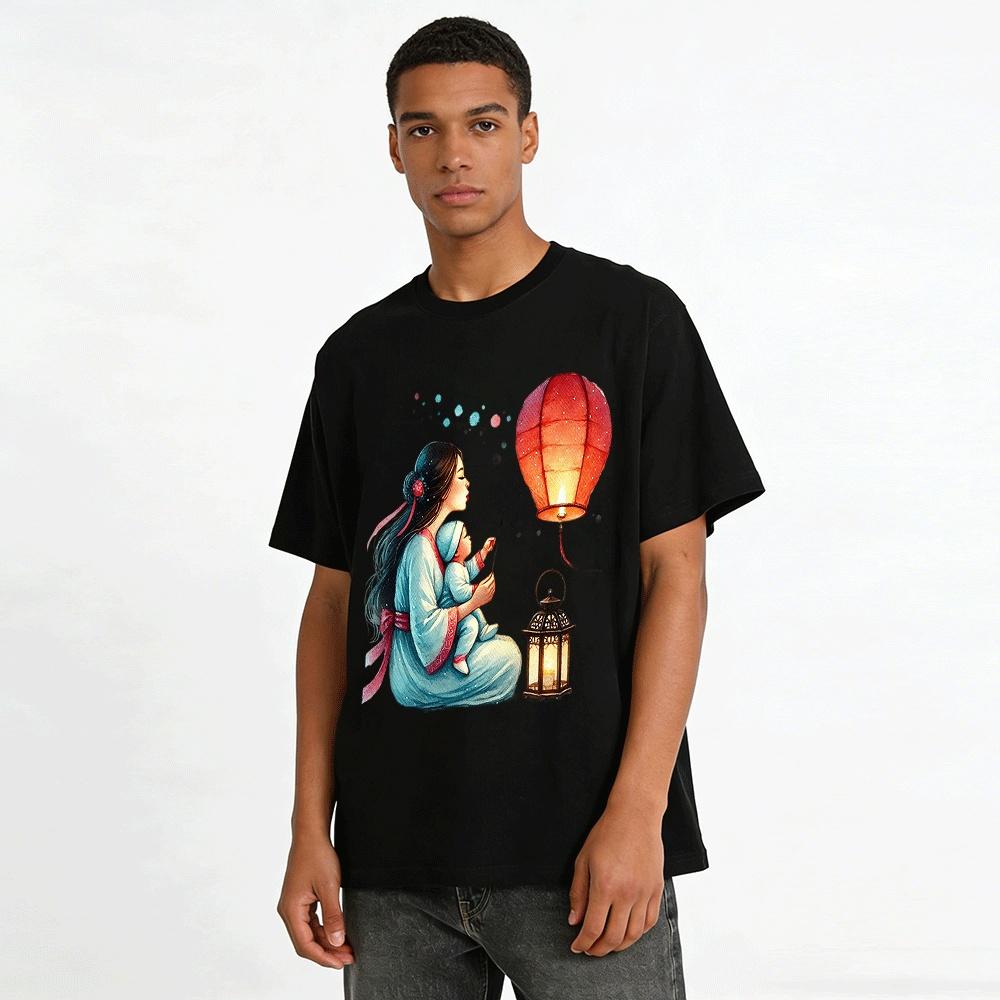 Mother And Child Kongming Lantern Print Family Matching Tops Pure Cotton T-shirt
