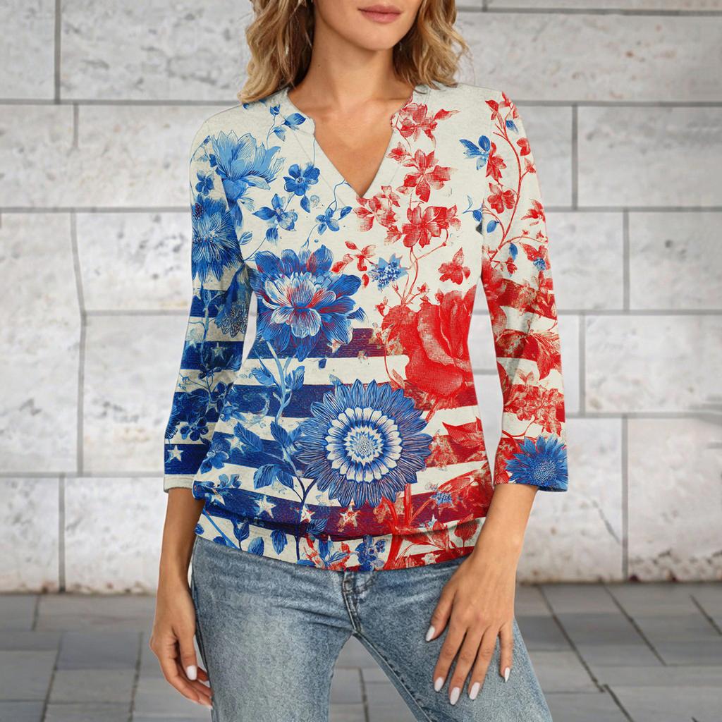 Women's 3/4 Sleeve Neck Hem V-Neck Summer Casual Base Top Independence Day Printed Top