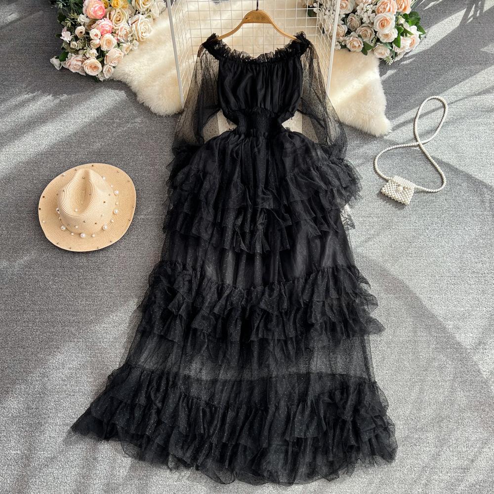 High Street Cake Mesh Party Dress Women Off the Shoulder Tierred Elastic Sundress Polka Dot Lace Maxi Dress