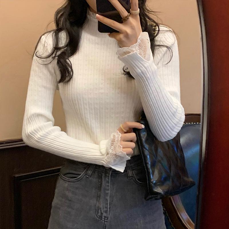 French Patchwork Lace Inner Knit Sweater for Women's Autumn and Winter New Style Slim Fit and Slimming Half High Neck Sweater Base Shirt Top