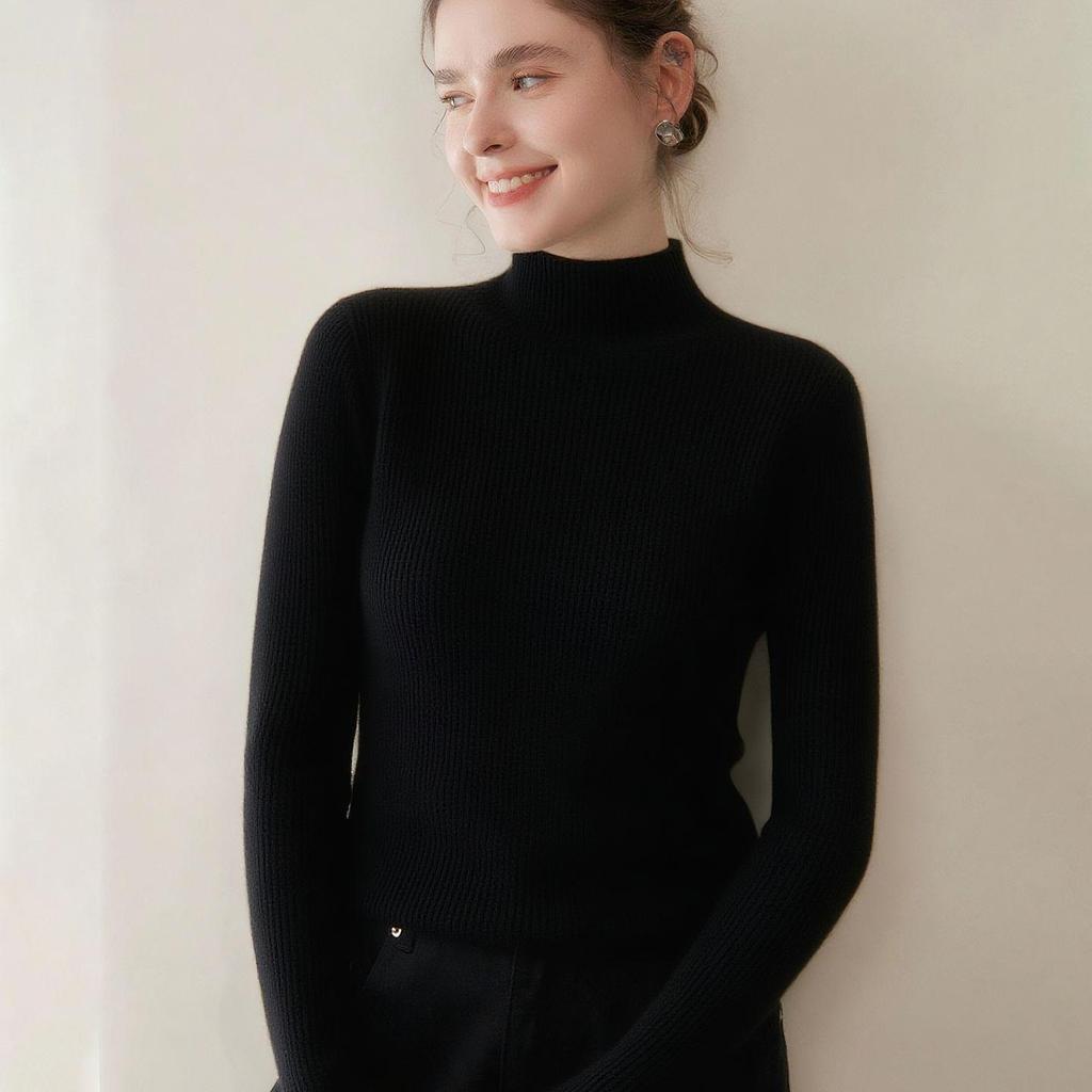 Women's Thickened Double-Strand Cashmere Sweater: Soft, Skin-Friendly, Ribbed, Slim-Fit, Solid Color, Half-High Collar, Flattering Knit Design.