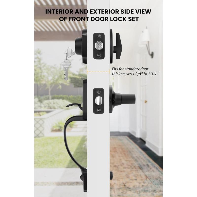 Front Door Lock and Handle Set, Front Door Pull Handle with Key, Deadbolt Lock and Handleset for Bedroom Bathroom Interior Door