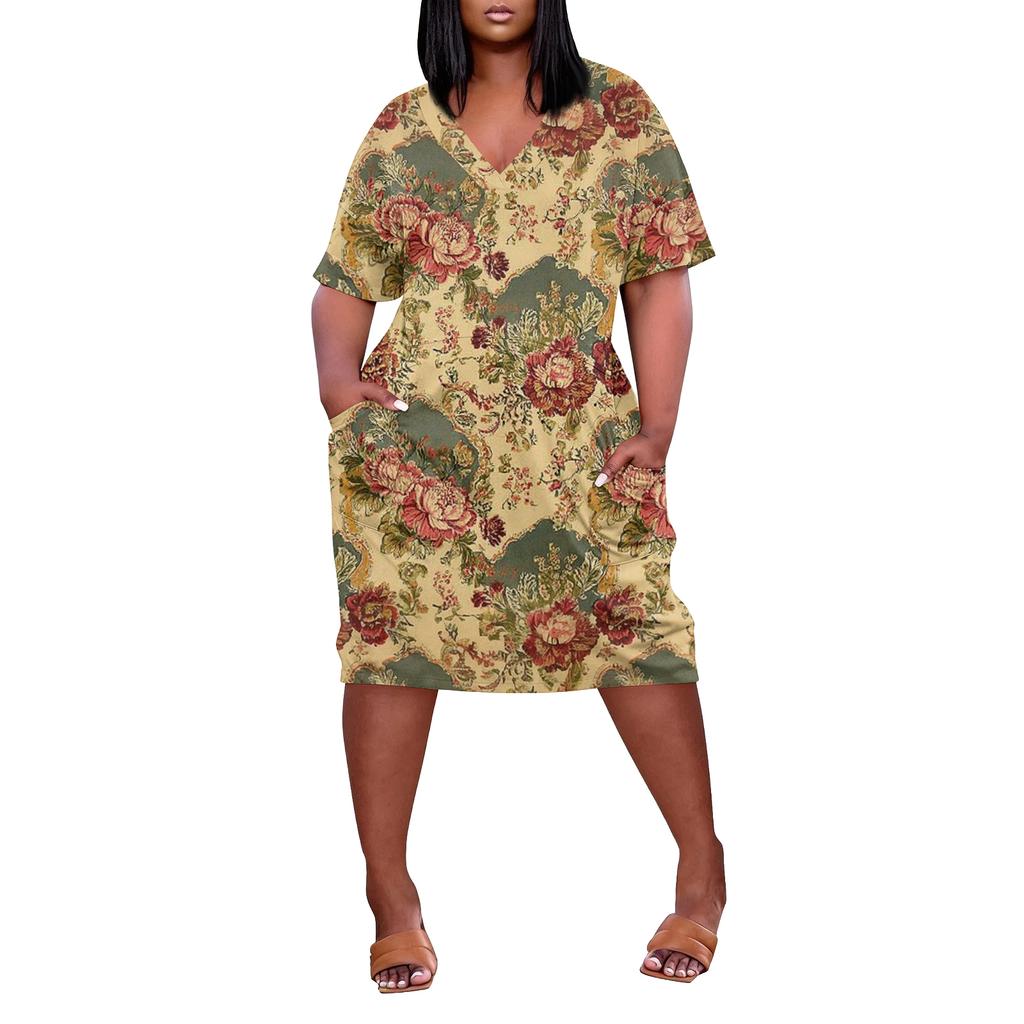 Summer Plus Size V Neck Short Sleeve Knee Pocket Print Casual Dress For Women