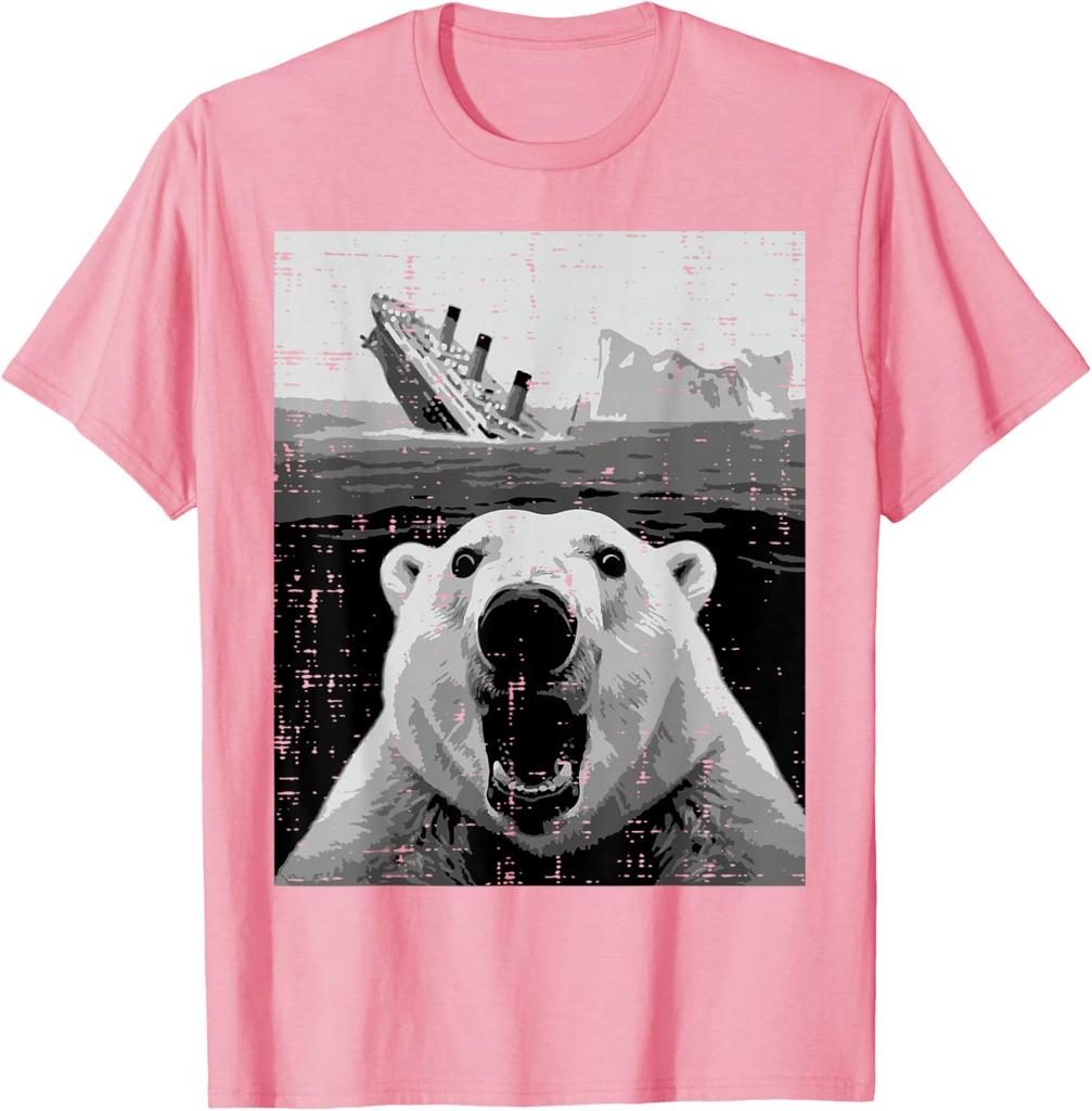 Polar Bear Sinking Titanic Meme Graphic Tee Funny Casual Short Sleeve TShirt for Men Women