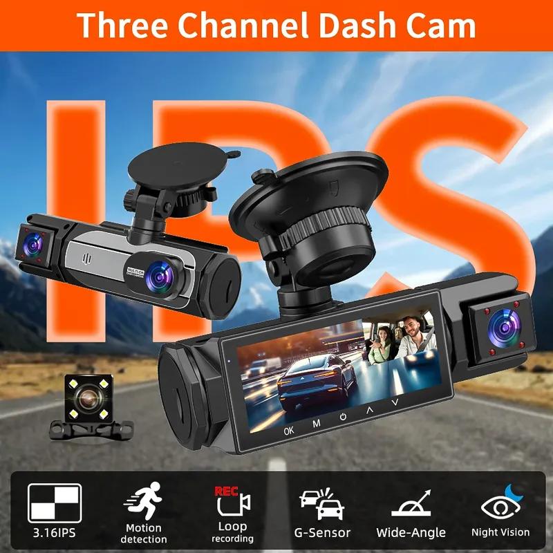 3.16" Triple Lens Dash Cam for Taxi & Commercial Vehicles - 3-Way Front/Interior/Rear Loop Recording