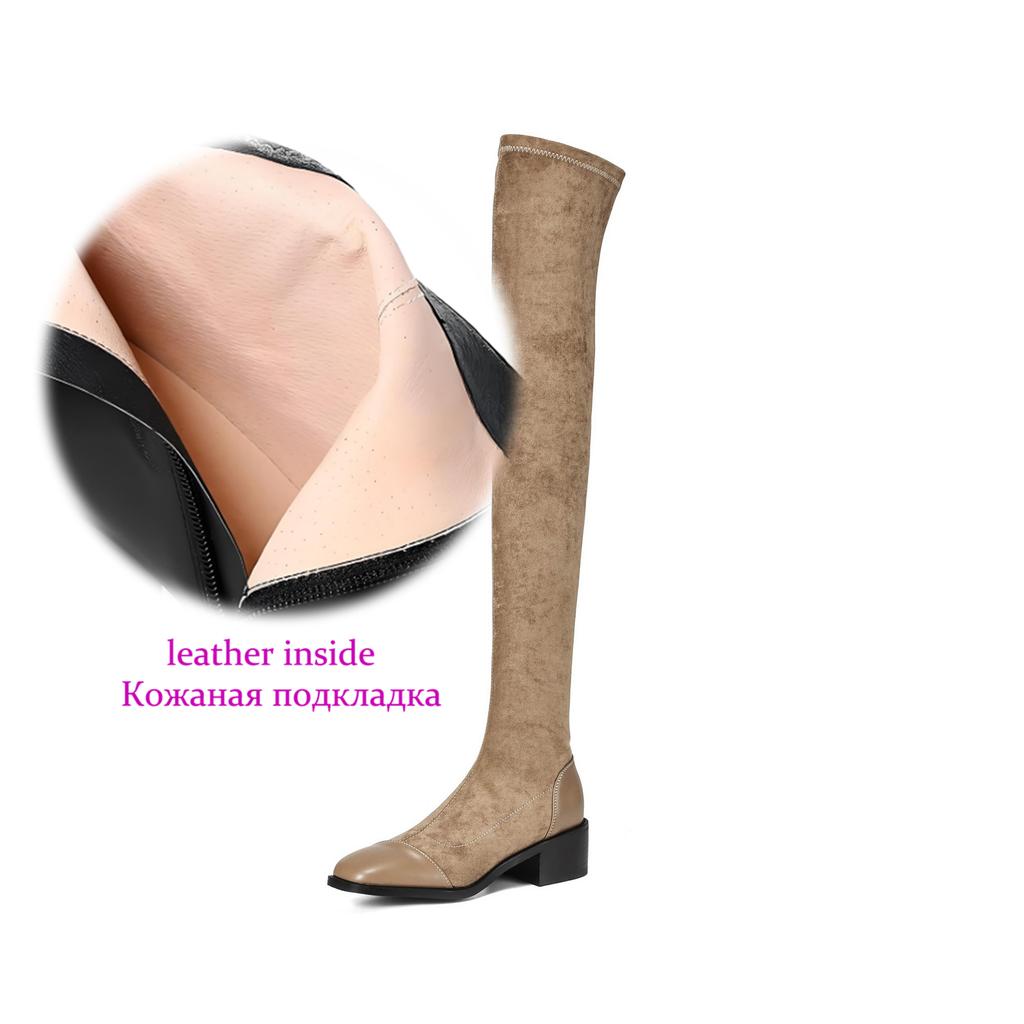 Krazing Pot Flock Autumn Winter Shoes Thick Heels Size 43 Long Boots Apricot Patch Work Stretch Over-the-knee Boots