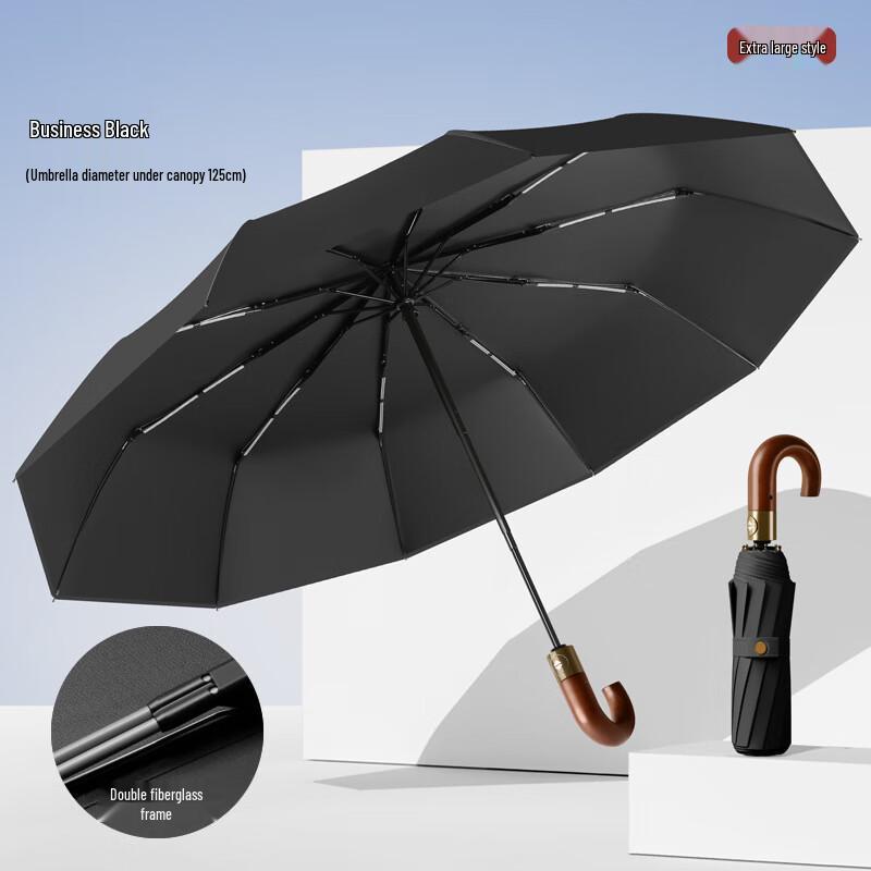 Folding Umbrella with Curved Wooden Handle