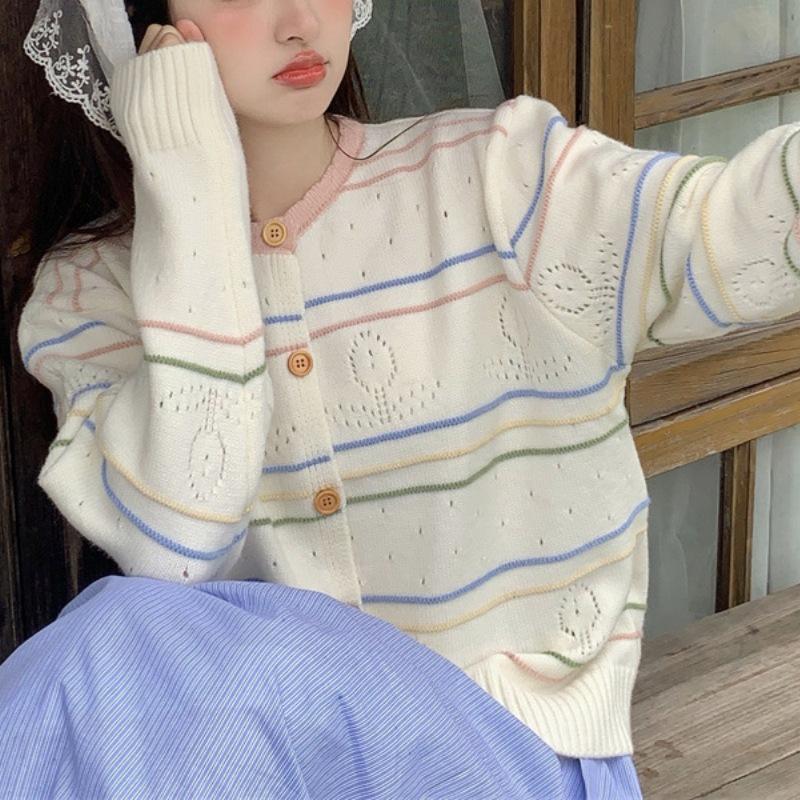 

Весна новый цвет полосатый ажурный трикотажный кардиган с круглым вырезом ретро литературный топ куртка One Size