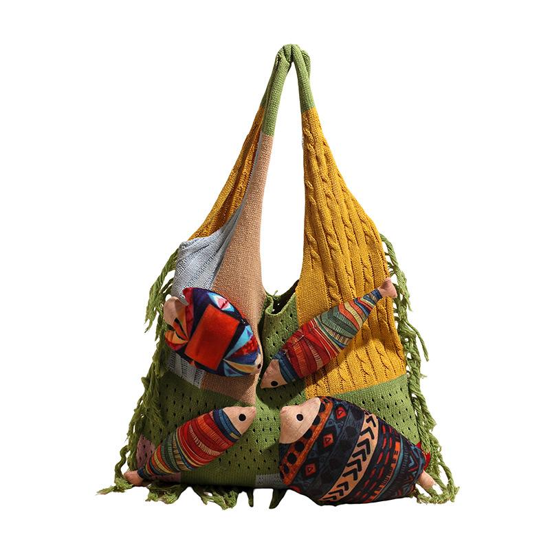 Fashion Fringe Knitted Bag - Unique Hollow Design - Small Fish-shaped Bag - Casual Vacation Style - Single Shoulder Bag