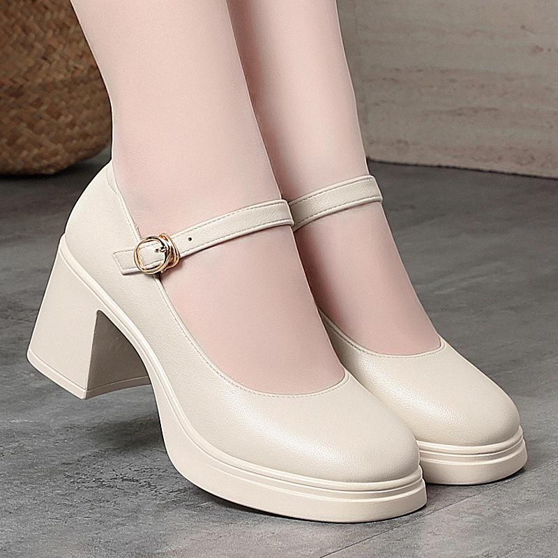 7cm Vintage Breathable Comfortable Shallow Mouth Mary Janes Platform Shoes 2025 Spring Med Block Heels Leather Shoes Office Mom