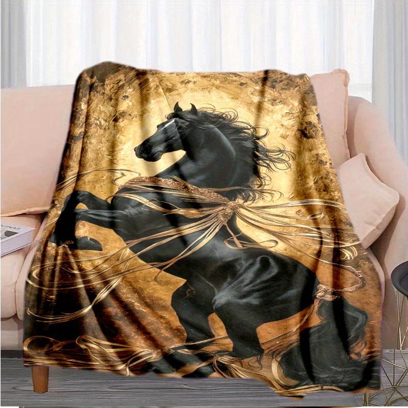 Contemporary Golden Black Mane Horse Pattern Polyester Bed Blanket - Tear Resistant, Hand Wash, All Seasons Knitted Sofa Bed