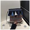 Ethnic Style Canvas Small Crossbody Bag With Wave Patterns And Decorative Tassels For Casual Outings