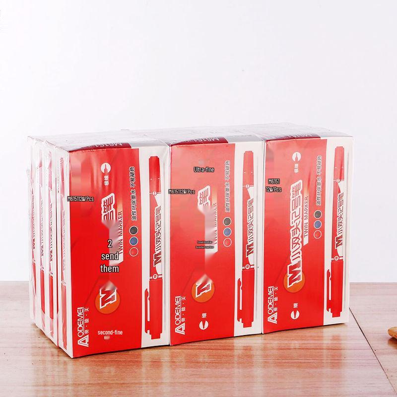 12-Piece Set: Small Double-Ended Oil-Based Marker Pens in Black, Red, and Blue for Student Art and Marking