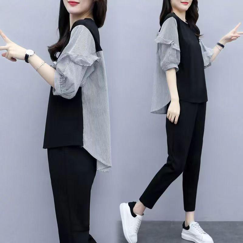 

2026 Summer Plus Size Women s Striped Two-Piece Suit: Casual, Slimming, and Tummy-Covering for Comfort and Style L чорний