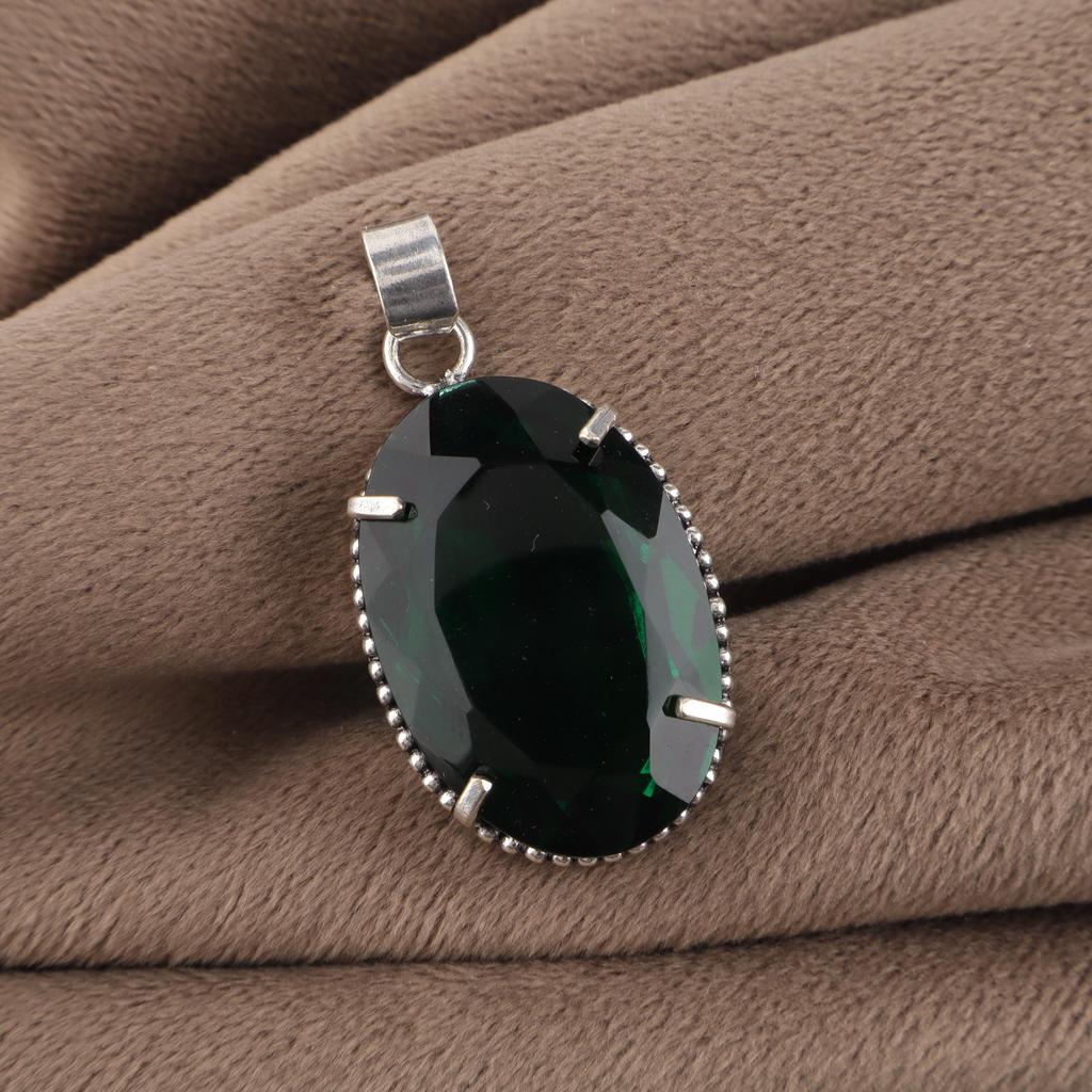Chrome Diopside Gemstone Silver Pendant 1.75" , 925 Sterling Silver Handcrafted Jewelry, Green Stone Pendant For Gift PP-63-7