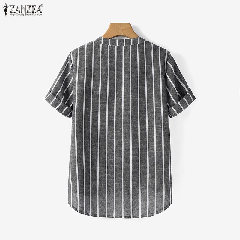 ZANZEA Women Casual V-Neck Short Sleeve Loose Stripe Blouse