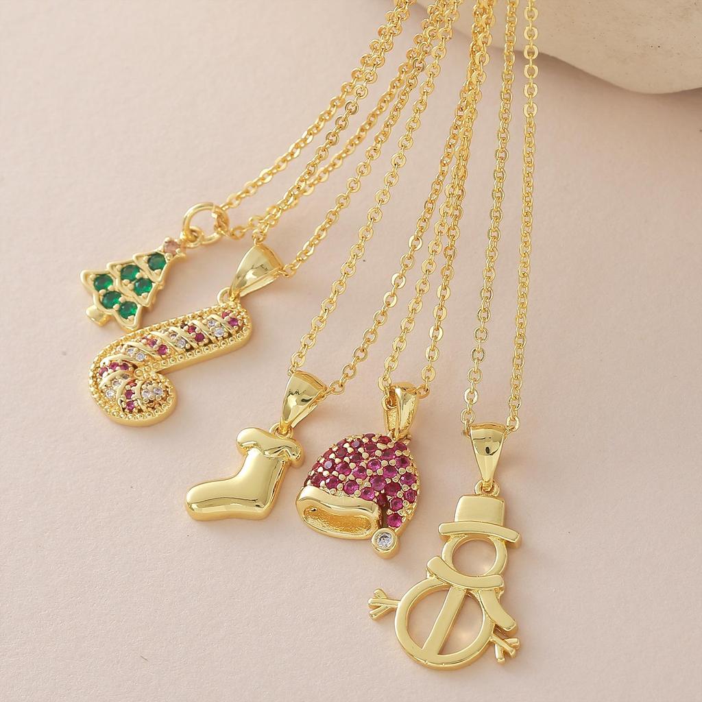 18k Gold Plated Christmas Tree & Snowman Pendant Necklace with Hat, Socks & Scepter - Fashionable Versatile Clavicle Chain.