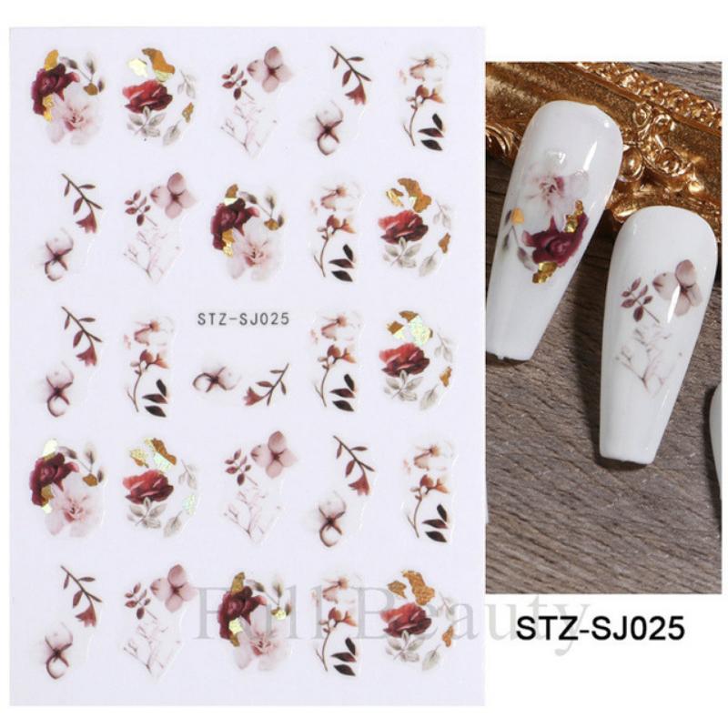 Cotton Flowers Transfer Decals 3D Nail Stickers Gold Leaf Nail Adhesive Sliders Nail Manicure Decorations