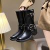 Women's Mid Calf Boots Fashion Belt Buckle Knight Boots Luxury Casual Leather Boots for Women Western Cowboy Boot Platform Botas