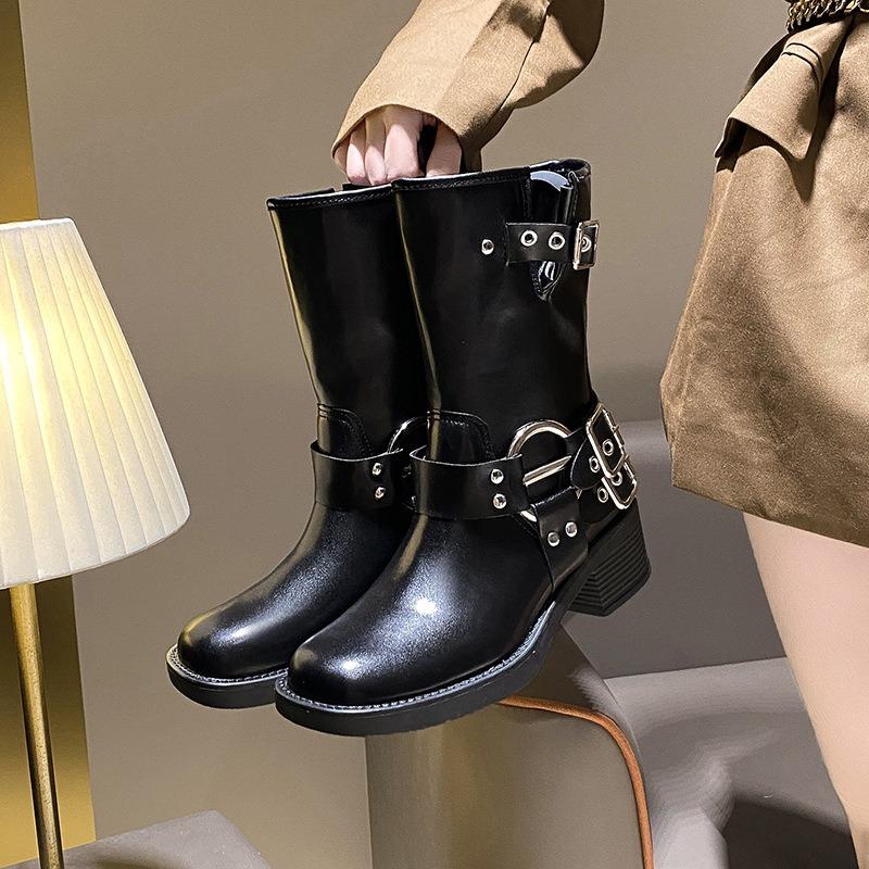 Women's Mid Calf Boots Fashion Belt Buckle Knight Boots Luxury Casual Leather Boots for Women Western Cowboy Boot Platform Botas