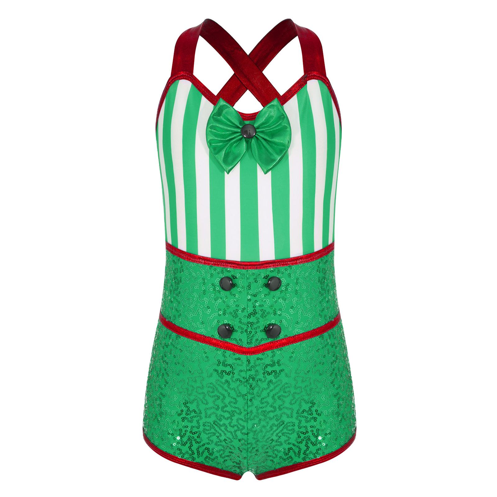 

Girls Candy Cane Costume Sleeveless Striped Sequins Bowknot Unitard Christmas Dance Performance Outfit 7-8 Years зелений