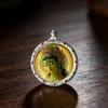 3.5" Silver Conch Shell Copper Thangka Pendant with Green Zhaki Wolf King Design
