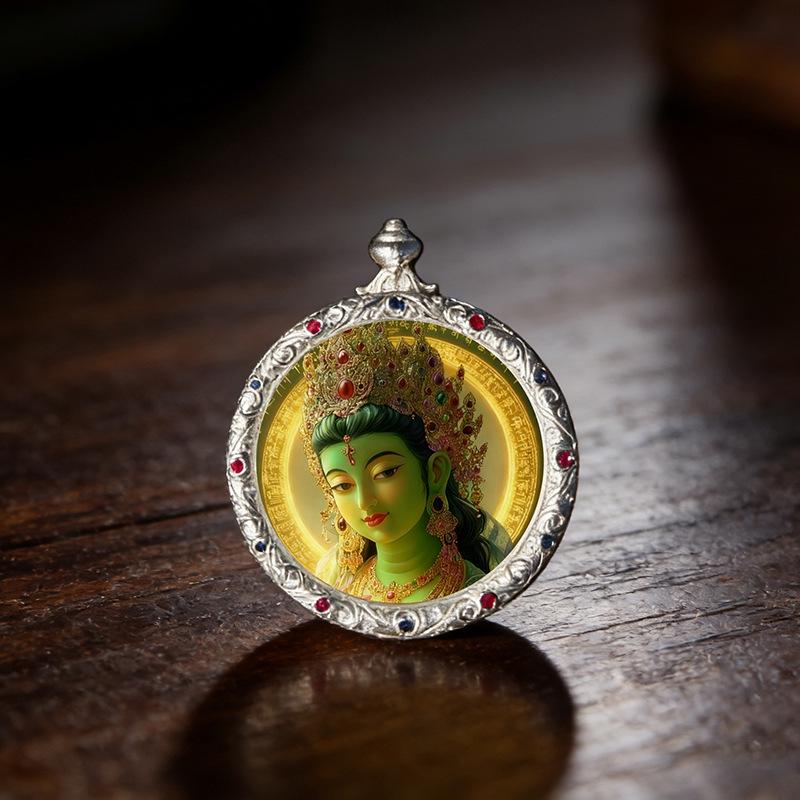 3.5" Silver Conch Shell Copper Thangka Pendant with Green Zhaki Wolf King Design