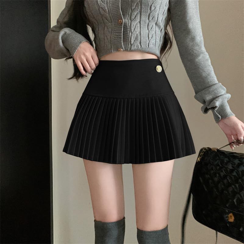 Syvent Black Pleated Mini Mini Solid High Sizes 12F001 Skirt, A-Line, Length, Color, Waist, Cute, Casual, S, M, L, XL, Women's, Spring, Summer,