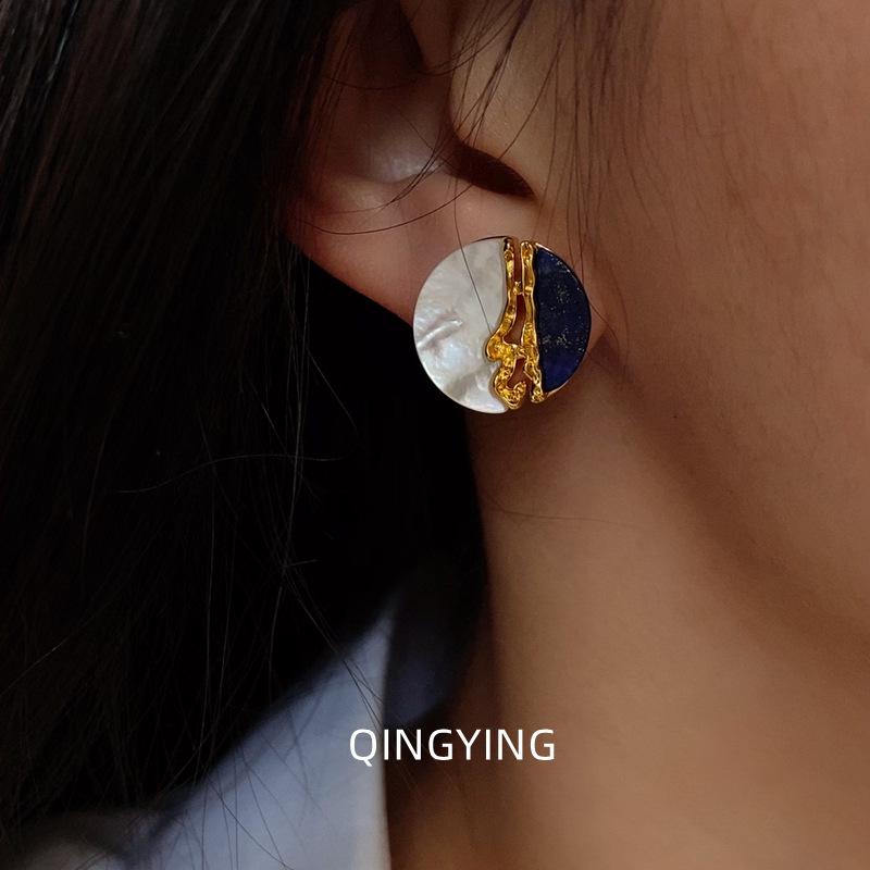 Guochao Lapis Lazuli & Mother-of-Pearl Artistic Luxury Stud Earrings with Silver Needle