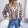 Chic Women Loose Knitted Sweater Winter Fall All Match Tops Balloon Sleeve Contrast Stripe Tie