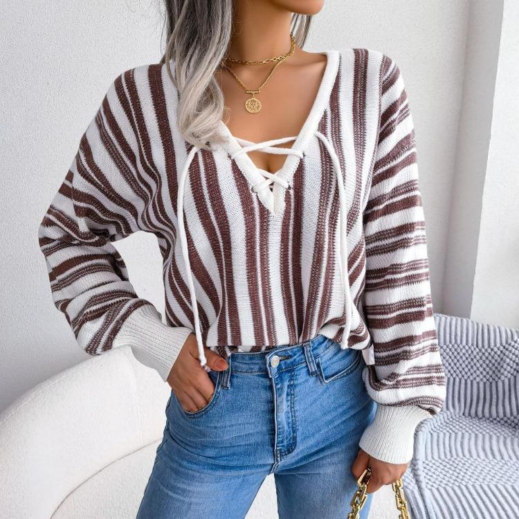 Chic Women Loose Knitted Sweater Winter Fall All Match Tops Balloon Sleeve Contrast Stripe Tie