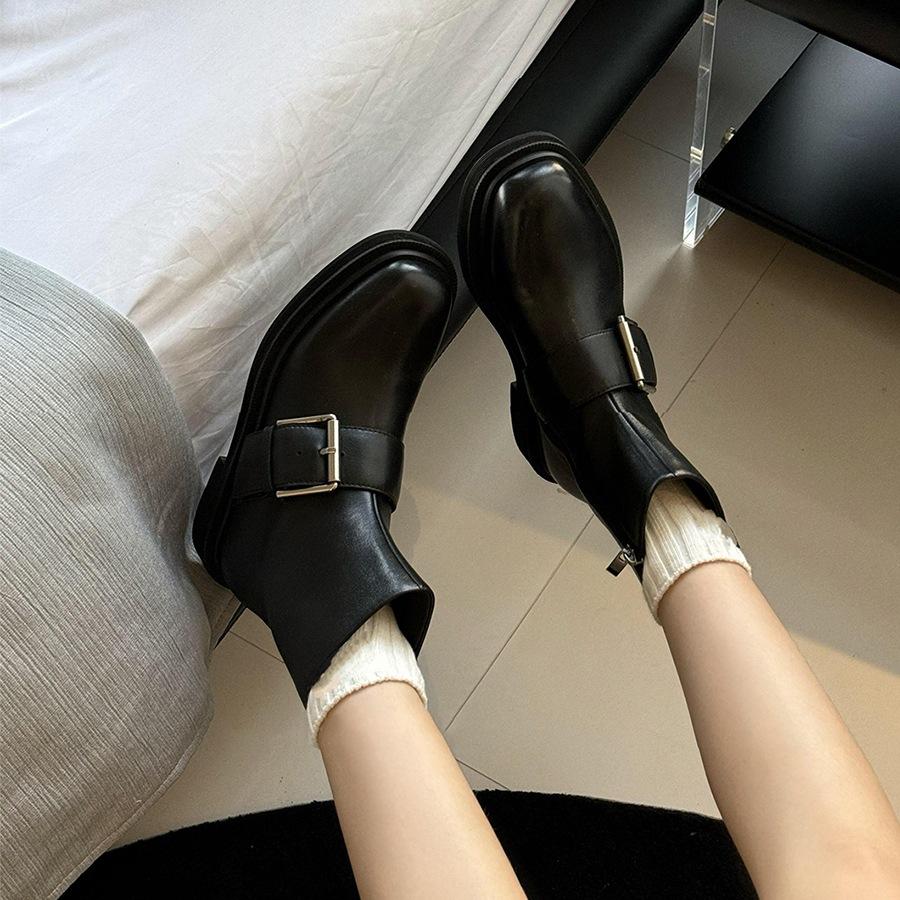 

Cowhide version~ Leather belt buckle slim Martin boots women s British style thick-soled short women s boots Western Chelsea boots 40 чёрный