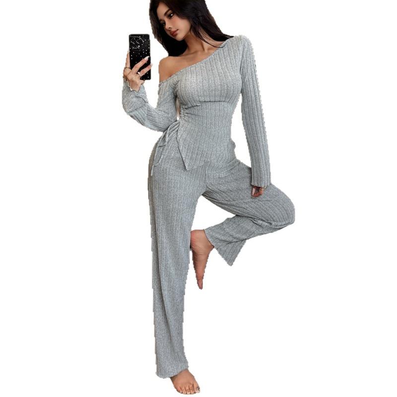Women's Fall/Winter Fashionable and Sexy Off-the-Shoulder Asymmetrical Long-Sleeve Pajama Set with Long Pants
