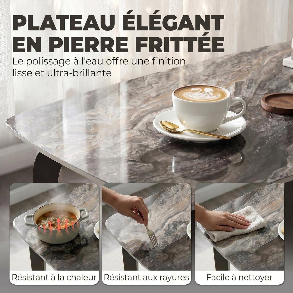 Dining Table for 4, Modern Kitchen Table with Sintered Stone Tabletop, Metal Legs, Brown