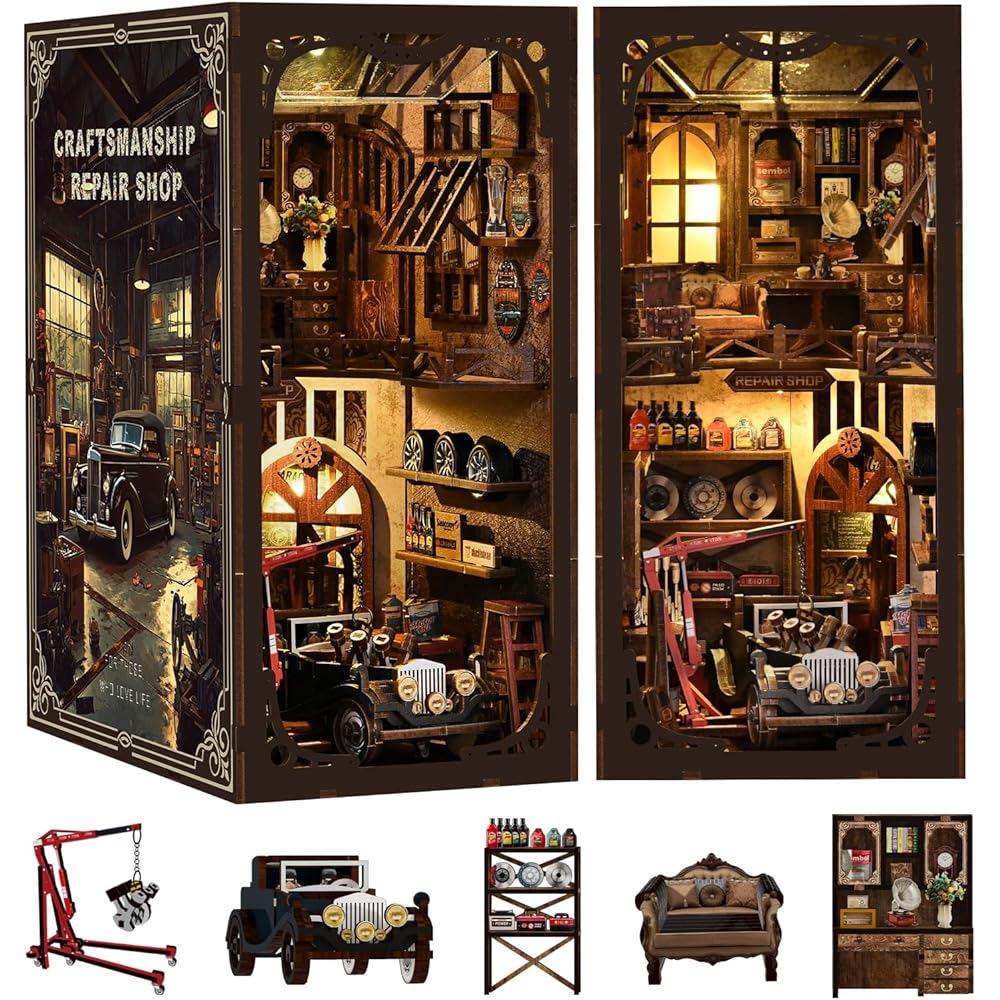 CRESYMME Miniature Dollhouse Book Nook Kit Wooden DIY Craft Retro Design
