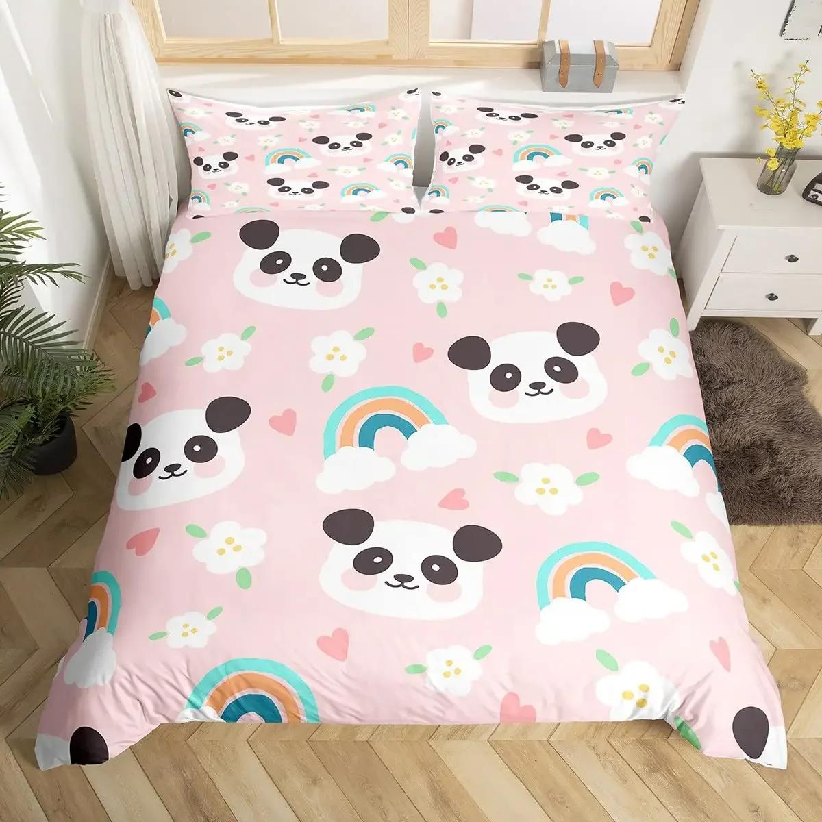 

Милый комплект пододеяльника с пандой Каваи Радужные Мультяшные Животные Постельное Белье Полный Микрофибра Белые Цветы Розовое Сердце Пододеяльник EU Single(135x200cm)