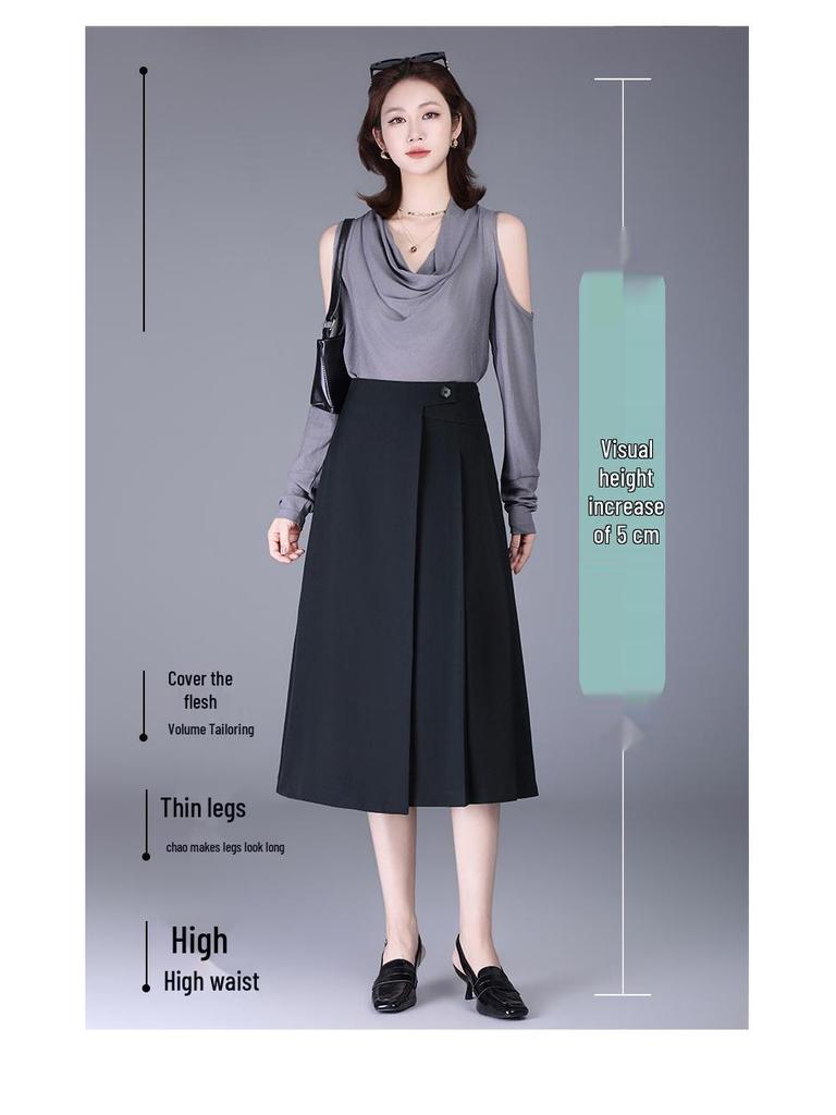 Women's Fashionable A-line Pleated Midi Skirt, High Waist, Slimming Large Hem, Casual 2026 Spring Collection