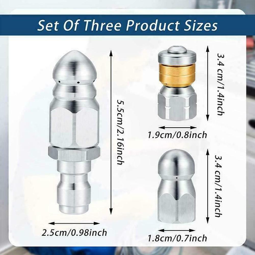 3 Pcs Sewer Jetter Nozzle 1/4" Pressure Washer Rotating Button Nose Connector