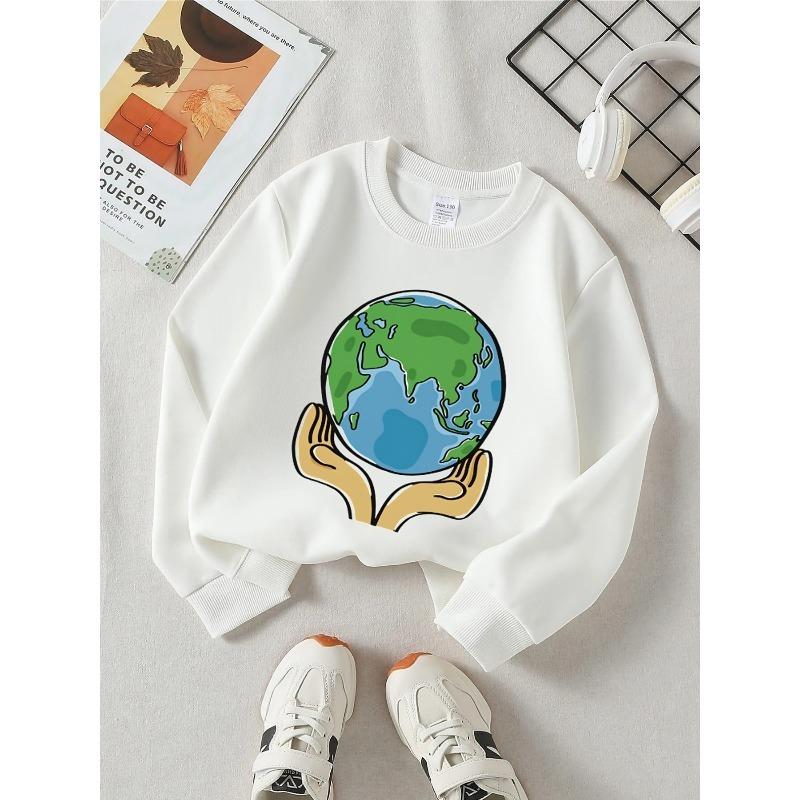 European sizes Kids round-neck hoodie - Hands Holding Earth Globe Pattern , Sportswear And Casual Wear, Soft And Comfortable 110 белый