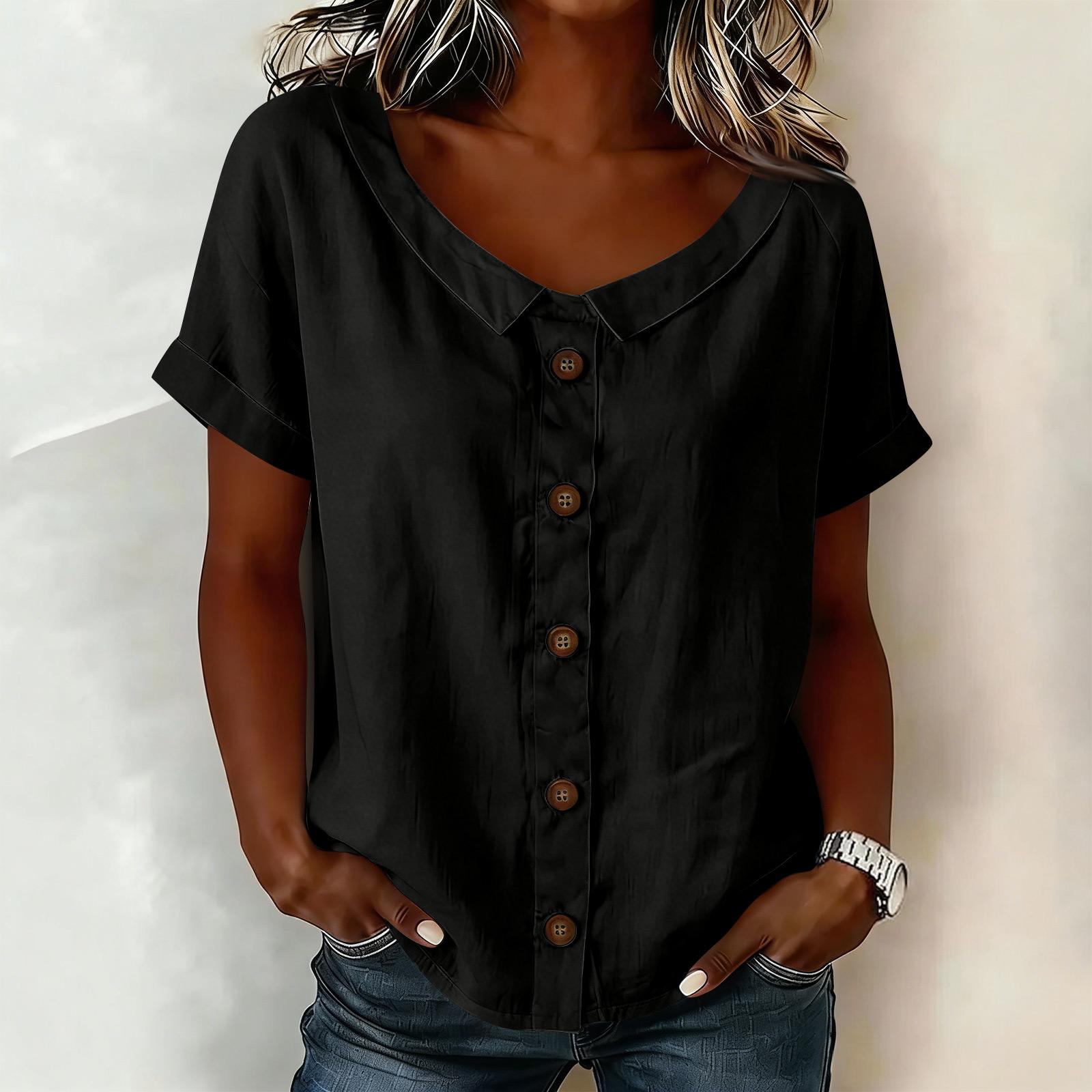 Women s Short-Sleeve Top: Cotton-Linen Blend, V-Neck, Loose Fit L чёрный