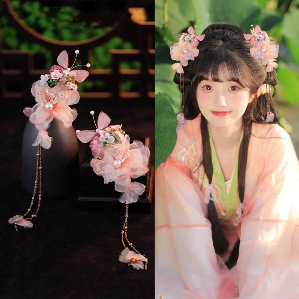 Classical Ancient Hair Clip Pearl Hanfu Headwear Elegant Silk Flower Hairpin  Children