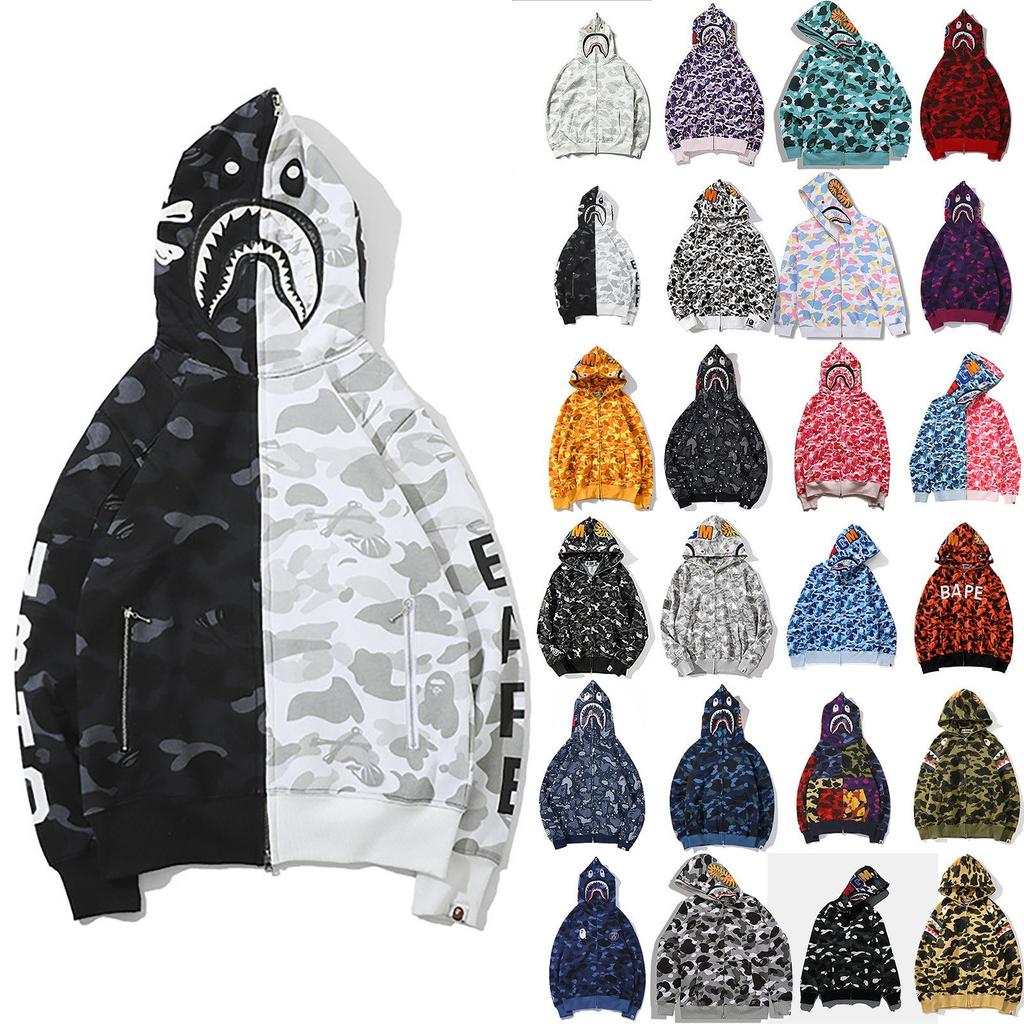 Japanese Style Shark Head Camouflage Zip Up Hoodie Full Zip Hooded Sweatshirt Casual Streetwear Fashion Outerwear for Men and Women